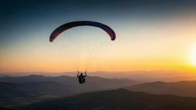 Silhouette of a paraglider flying over mountains at sunset. Extreme sport adventure in the beautiful evening sky.