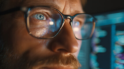 Focused developer coder wears glasses working on computer looking at programming code data cyber security digital tech reflecting in spectacles developing software program, focus on eye close up view