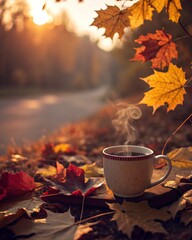 Cozy autumn morning with mug of steaming coffee sits amidst vibrant fall leaves