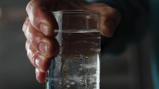 Adult Hand Holding Glass of Cold Water with Condensation Closeup