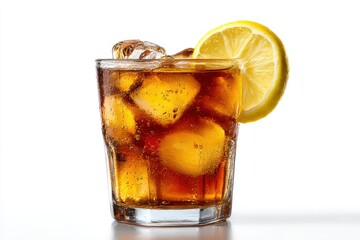 Refreshing Cola Drink with Ice Cubes and Lemon Slice on a White Background