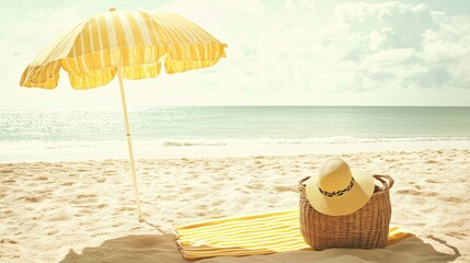 vintage beach scene with a yellow striped umbrella, woven beach bag, straw hat on a yellow and white towel, soft sunlight, pale sandy beach, calm ocean in background, summer retro aesthetic