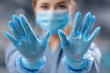 Medical professional wearing blue nitrile gloves and surgical mask is making a stop gesture with hands, signaling caution and prevention in healthcare setting