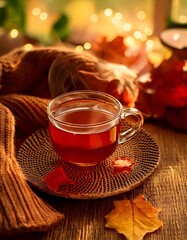 Cozy autumn tea scene with steaming cup, fall leaves and warm ambient lighting