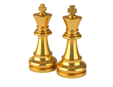 Stylized Golden King and Queen Chess Pieces Together, Diagonal Layout, 3D Illustration, White Background
