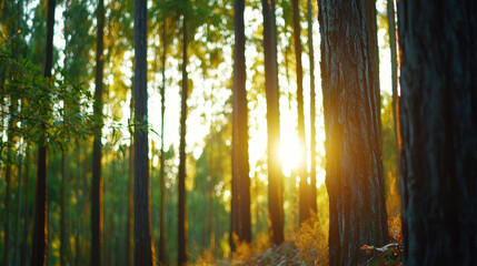 Fototapeta premium Tranquil sunrise illuminates serene forest, casting warm light through tall trees, creating peaceful atmosphere