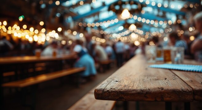 A close-up of a wooden table in a lively beer hall with blurred lights and festive atmosphere.