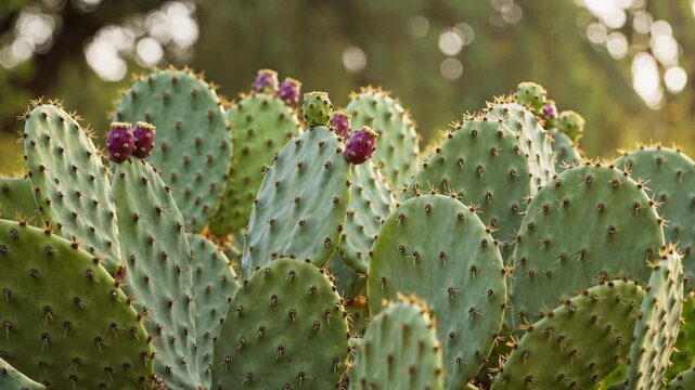 Closeup of prickly pear cactus pads with purple fruit and green leaves