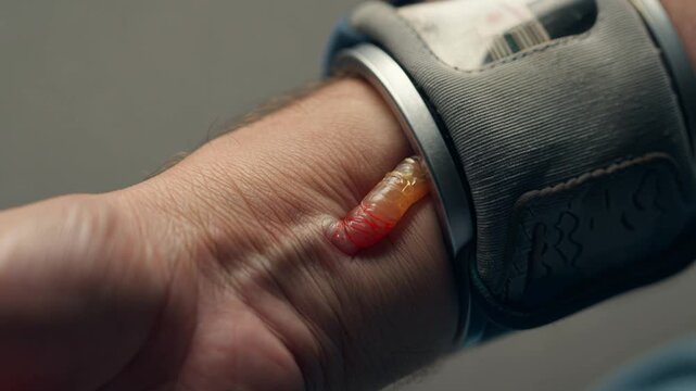 Closeup of Human Arm Wearing Futuristic Device with Embedded Tubes