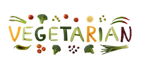The word vegetarian spelled out with various vegetables and fruits on a studio shot on transparent background, Png