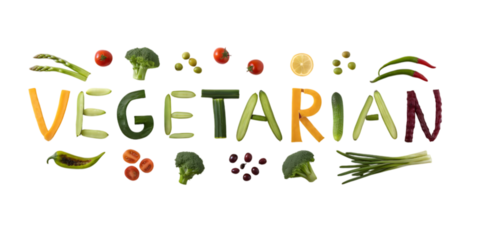 The word vegetarian spelled out with various vegetables and fruits on a studio shot on transparent background, Png