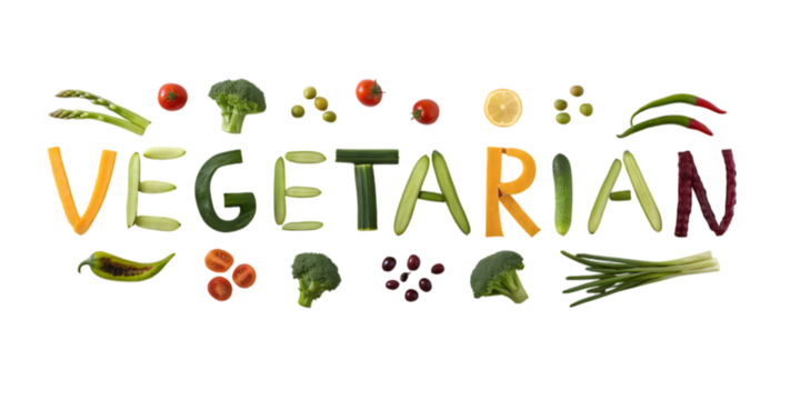The word vegetarian spelled out with various vegetables and fruits on a studio shot on transparent background, Png