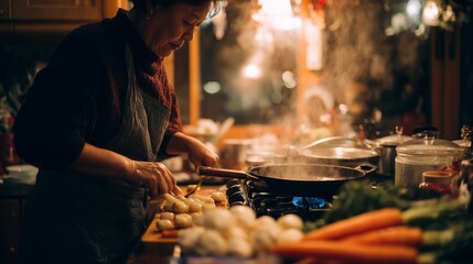 A woman prepares a meal in a warm, inviting kitchen environment with fresh ingredients and a steaming pan.