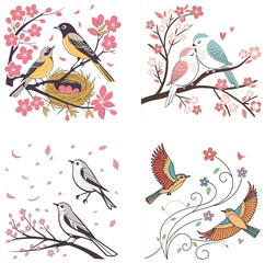 Colorful Hummingbirds Flying Among Flowers Cartoon Illustration- Nature Art for Kids- Cute Bird Design- Whimsical Floral Scene- Digital Artwork- Springtime Theme