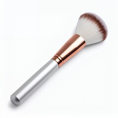 Elegant makeup brush with silver handle and soft bristles presented artistically on white background