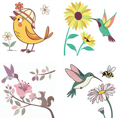 Colorful Hummingbirds Flying Among Flowers Cartoon Illustration- Nature Art for Kids- Cute Bird Design- Whimsical Floral Scene- Digital Artwork- Springtime Theme