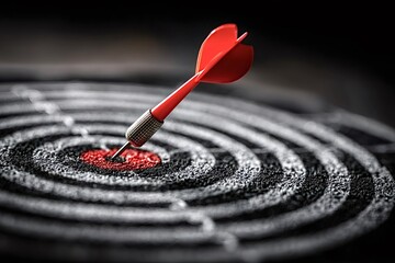 Red dart hitting the center of target on a black background, representing achieving a goal, success, and accuracy in business or other endeavors