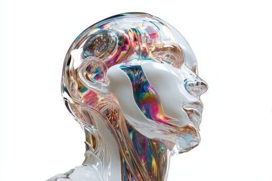 Abstract Humanoid Head with Iridescent Glass and White Elements on a White Background 3D Render - Powered by Adobe