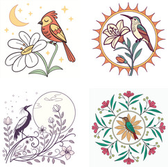 Colorful Hummingbirds Flying Among Flowers Cartoon Illustration- Nature Art for Kids- Cute Bird Design- Whimsical Floral Scene- Digital Artwork- Springtime Theme