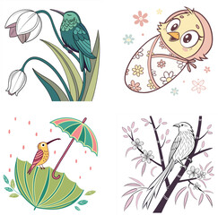 Colorful Hummingbirds Flying Among Flowers Cartoon Illustration- Nature Art for Kids- Cute Bird Design- Whimsical Floral Scene- Digital Artwork- Springtime Theme