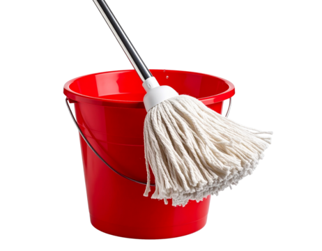 “Used Mop Dripping Water into Open Bucket, realistic concept isolated PNG”.