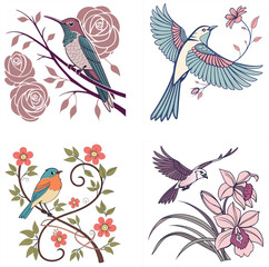 Bright green cartoon hummingbird perched on delicate leaves with flowers in soft background