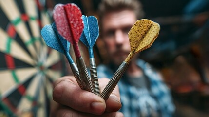 Hand gripping vibrant metal darts, focused on a blurred dartboard with a player in the background, capturing the essence of aiming, concentration, and competitive gameplay