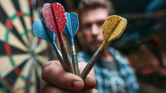 Hand gripping vibrant metal darts, focused on a blurred dartboard with a player in the background, capturing the essence of aiming, concentration, and competitive gameplay