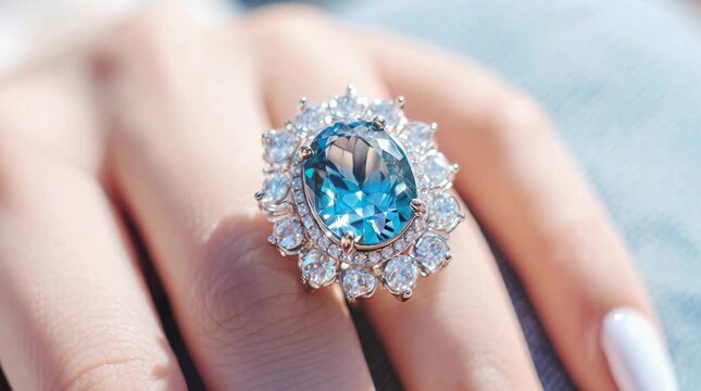 Close-up of a ring with a large blue stone, flickering light. 