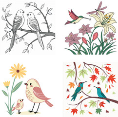 colorful cartoon hummingbirds, birds, flowers, leaves, and cute scenes illustrations