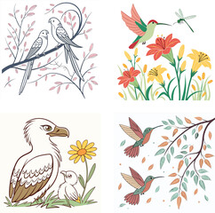 colorful cartoon hummingbirds, birds, flowers, leaves, and cute scenes illustrations