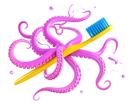Whimsical 3D Composition with Floating Tentacles and Toothbrush, Abstract Beauty Concept, White Background