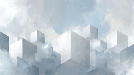 Abstract geometric shapes in soft gray and blue tones with clouds