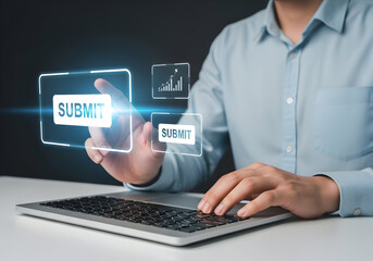 Business Professional Submitting Data Online with Digital Interface and Analytics Insights