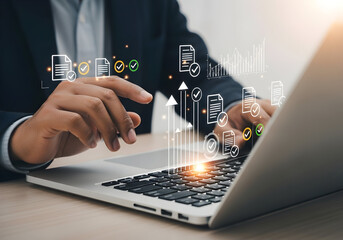 Business Professional Analyzing Data with Digital Icons on Laptop Screen, Modern Technology and Data Management Concept