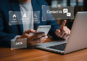 Business Professional Using Smartphone with Digital Interface and Contact Support Icons for Modern Communication and Customer Service