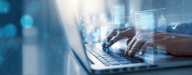 The laptop displaying hands typing in a digital workspace environment.