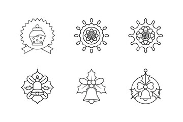Holiday Bells, Holly and Cupcake Coloring Page Set, Christmas Design Vector Illustration.