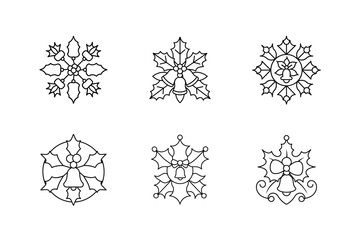 Holiday Bells and Holly Mandala Coloring Page Set, Festive Christmas Design Vector Illustration.