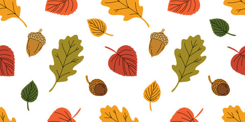 Seamless pattern with acorns and autumn oak leaves in Orange, Beige, Brown and Yellow. Perfect for wallpaper, gift paper, pattern fills, web page background, autumn greeting cards.