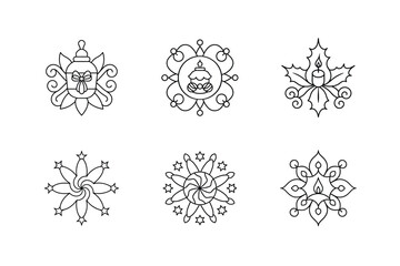 Holiday Candle, Holly and Swirls Coloring Page Set, Christmas Mandala Design Vector Illustration.