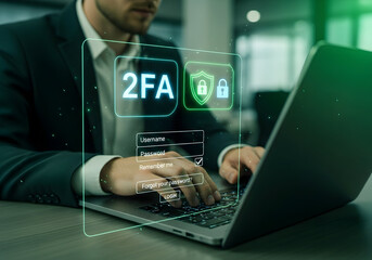 Businessman Using Advanced Cybersecurity Login Interface on Laptop for Secure Digital Access