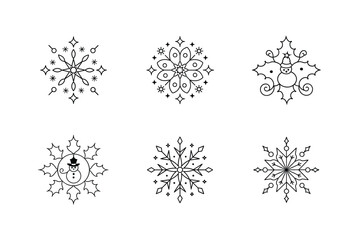 Winter Snowflake and Snowman Coloring Page Set, Christmas Mandala Design Vector Illustration.