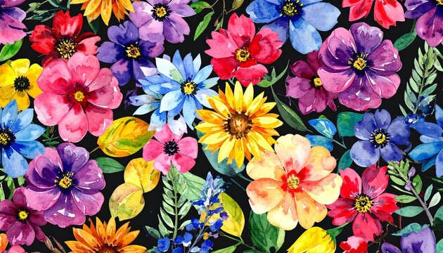 Densely packed vibrant flowers in pink, purple, blue, yellow, and red