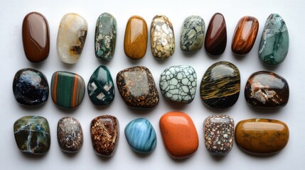 Collection of polished gemstones displayed on a white surface with varied colors and patterns shown