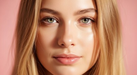 Obraz premium Young woman's face, blonde hair, clear skin, green eyes, pink backdrop