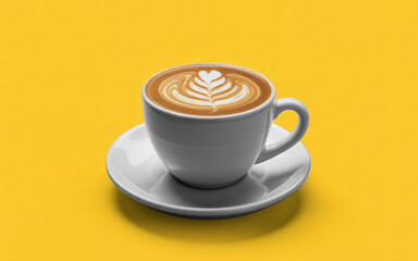 White coffee cup with latte art on yellow image