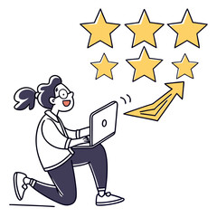 Person using laptop to achieve high star rating and growth isolated on transparent background