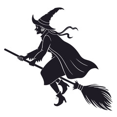 Flying Witch on Broom Halloween Silhouette Isolated Vector Illustration