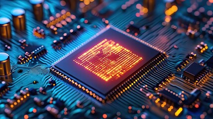 Fototapeta premium Close up of a computer circuit board with a glowing chip in the center and other components around it